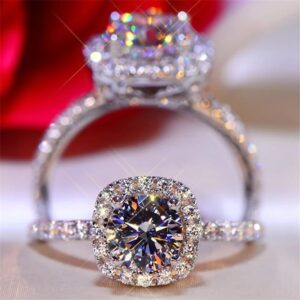 Color Round Moissanite Ring 925 Sterling Silver Plated with 18k White Gold Rings for Women Wedding Band Fine Jewelry