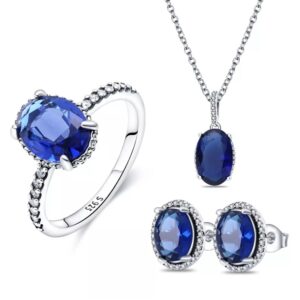100% 925 Sterling Silver Earrings Ring Necklace Luxury Jewelry Set Ellipse Blue Crystal Fashion Jewelry For Women Wedding Party