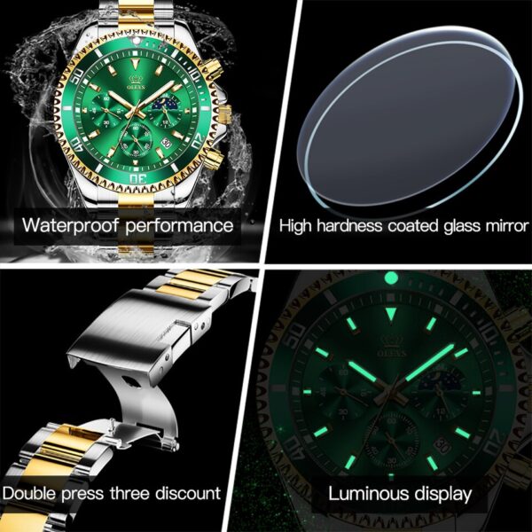 Men Watch Quartz Waterproof Luminous Stainless Steel Watch Green Sport Date Moon phase Wrist Watch for Men Reloj hombres - Image 8