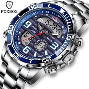 Foxbox Digital Mens Watches Top Luxury Sport Quartz Wristwatch For Men All Steel Military Waterproof Clock+Box