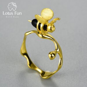 18K Gold Bee and Dripping Honey Rings Real 925 Sterling Silver Rings for Women Handmade Fine Jewelry