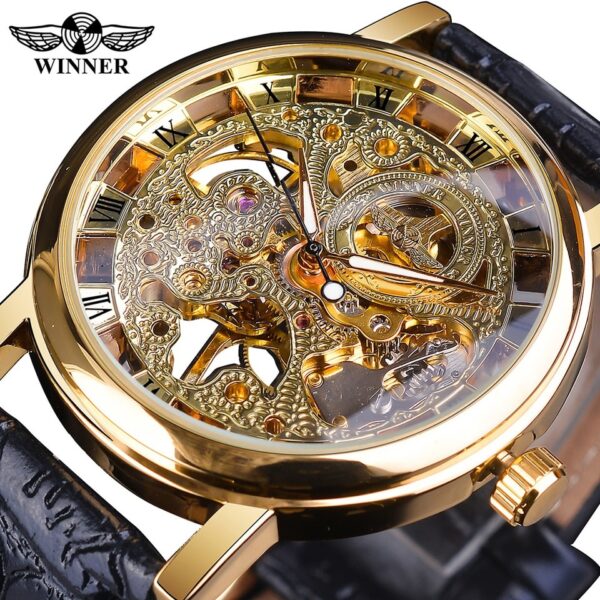 New Men Winner Transparent Golden Watch Luxury Casual Design Brown Leather Strap Mens Watches Top Brand Luxury Mechanical Skeleton Watch - Image 9