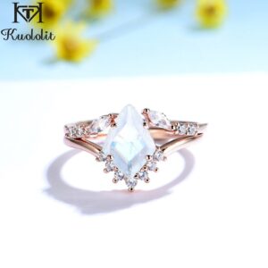 585 Rose Gold Natural Rainbow Moonstone Gemstone Ring Sets for Women 925 Sterling Silver Hexagon Kite Wedding Jewelry