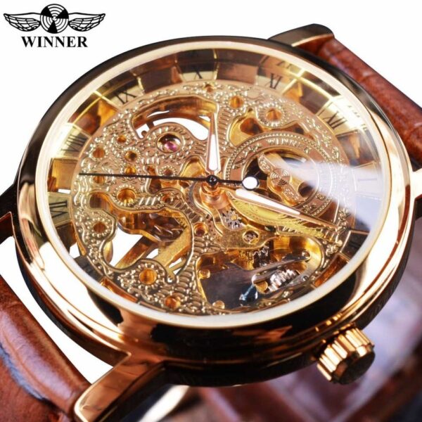 New Men Winner Transparent Golden Watch Luxury Casual Design Brown Leather Strap Mens Watches Top Brand Luxury Mechanical Skeleton Watch - Image 16