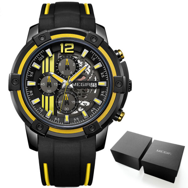 Men Sports Quartz Watch Yellow Chronograph with Black Silicone Strap Luminous Hands Waterproof 3 ATM Code 2097 - Image 9