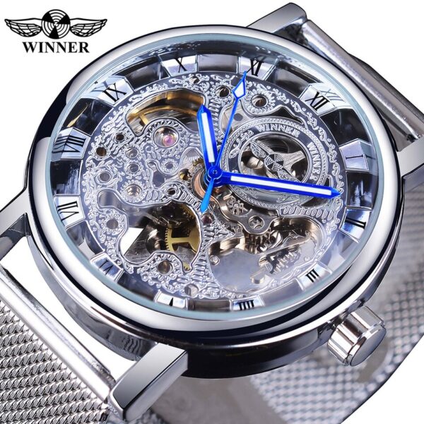 Winner Transparent Golden Case Luxury Casual Design Brown Leather Strap Mens Watches Top Brand Luxury Mechanical Skeleton Watch - Image 9