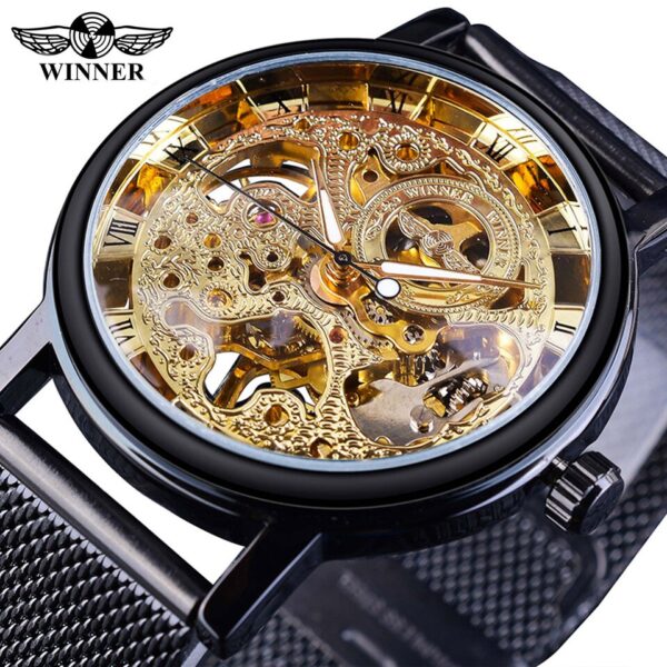 Winner Transparent Golden Case Luxury Casual Design Brown Leather Strap Mens Watches Top Brand Luxury Mechanical Skeleton Watch - Image 11