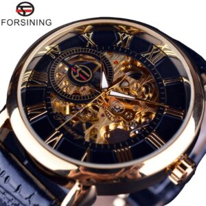 New Men Forsining Black Gold Watch 3d Logo Design Hollow Engraving Black Gold Case Leather Skeleton Mechanical Watches Men Luxury Brand Heren Horloge