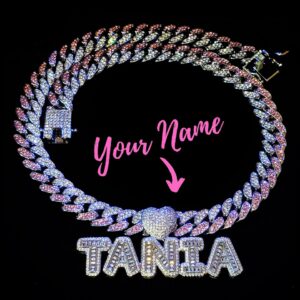 Pink Clear Stones Cuban Link Chain With Name Pendant Choker Heart Bail Icy Letters Necklace Blingbling Monogram Custom Necklace