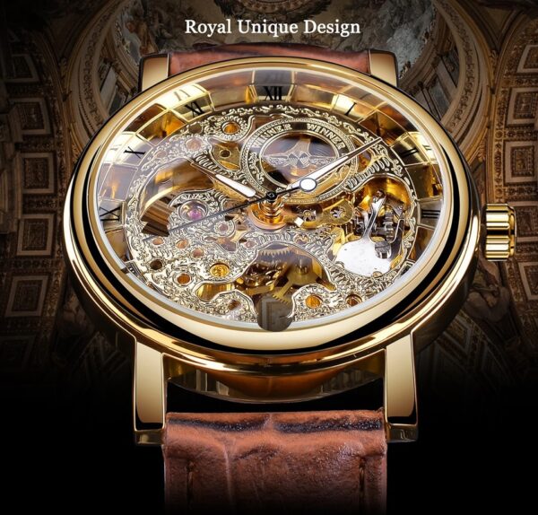 New Men Winner Transparent Golden Watch Luxury Casual Design Brown Leather Strap Mens Watches Top Brand Luxury Mechanical Skeleton Watch - Image 2