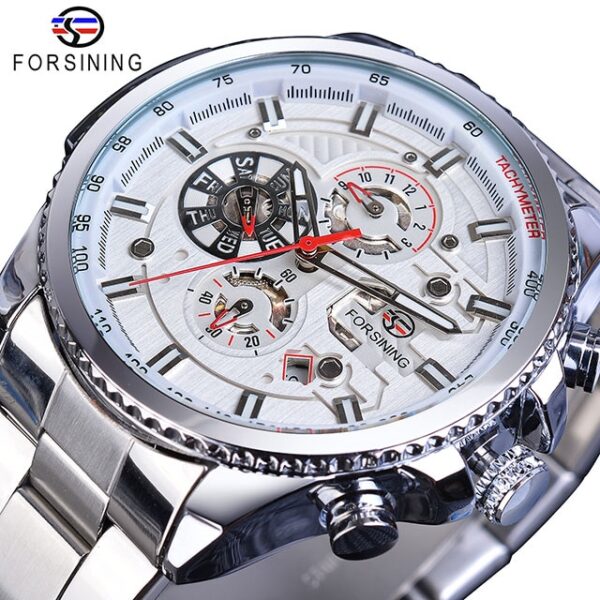 Forsining Three Dial Calendar Stainless Steel Men Mechanical Automatic Wrist Watches Brand Luxury Military Sport Male Clock - Image 9