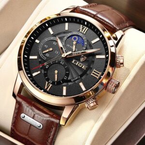 New Mens Watches LIGE Top Brand Luxury Leather Casual Quartz Watch Men Sport Waterproof Clock Watch Relogio Masculino+Box