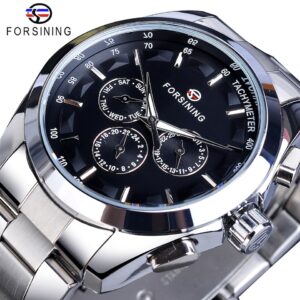 New Men Forsining Black Mechanical Watch 3 Dial Calendar Automatic Self Wind Clock Business Sport Stainless Steel Belts Wristwatch