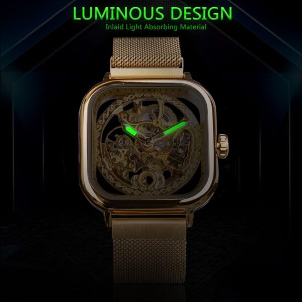 New Men Forsining Golden Automatic Watch Square Skeleton Mesh Steel Band Mechanical Business Clock Relogio Masculino Erkek Kol Saati - Image 7