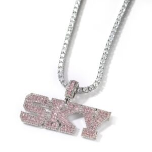 Uwin Pink Baguette Letters Custom Name Necklace Pendant With Heart Tennis Chain or baguetter chain Iced Out Personalized Jewelry