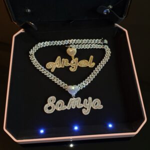 Custom Name Necklace with Heart Rhinestone Cuban Chain Word Necklace  Iced Out CZ Personalized Hiphop Jewelry