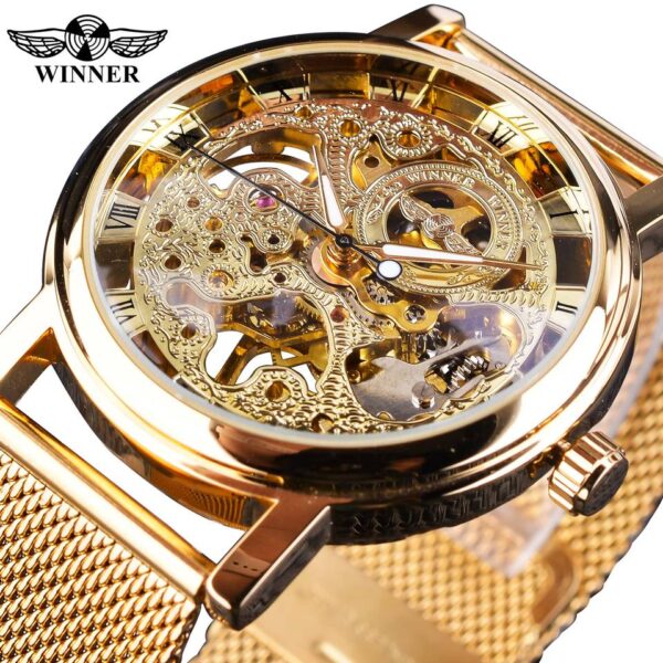 Winner Transparent Golden Case Luxury Casual Design Brown Leather Strap Mens Watches Top Brand Luxury Mechanical Skeleton Watch - Image 8