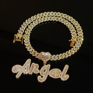 Custom Name Necklace with Heart Rhinestone Cuban Chain Word Necklace  Iced Out CZ Personalized Hiphop Jewelry