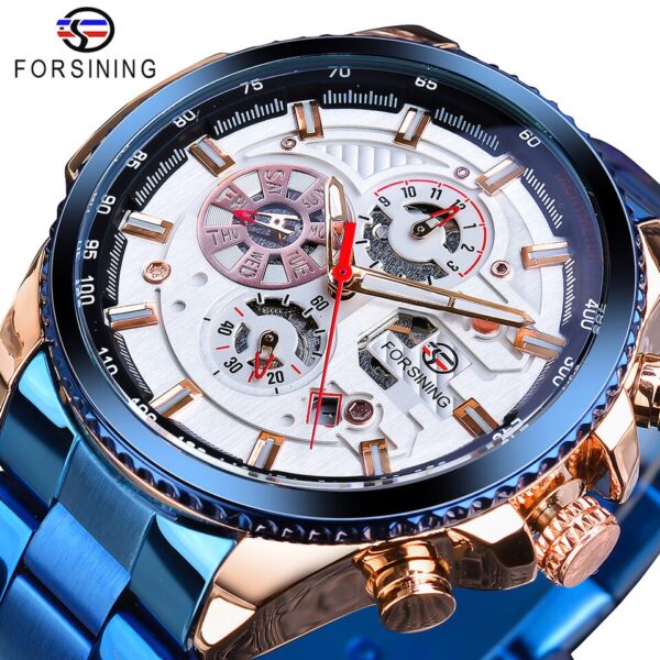 Forsining Three Dial Calendar Stainless Steel Men Mechanical Automatic Wrist Watches Brand Luxury Military Sport Male Clock - Image 15