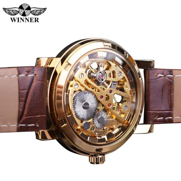 Winner Transparent Golden Case Luxury Casual Design Brown Leather Strap Mens Watches Top Brand Luxury Mechanical Skeleton Watch - Image 17