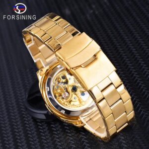 Men Automatic Mechanical Watch Top Brand Luxury Full Golden Luminous Hands Skeleton Clock