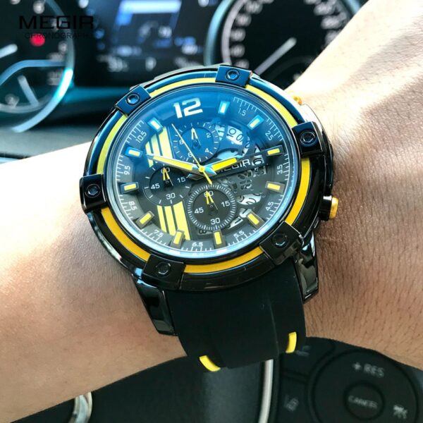 Men Sports Quartz Watch Yellow Chronograph with Black Silicone Strap Luminous Hands Waterproof 3 ATM Code 2097 - Image 11