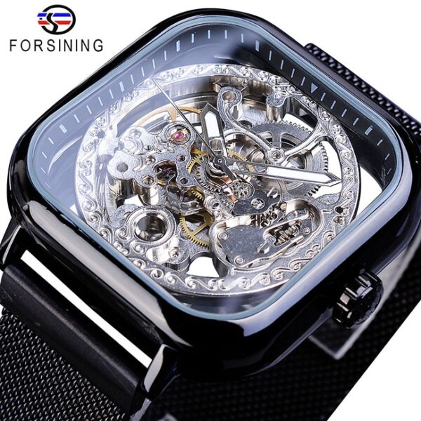 New Men Forsining Golden Automatic Watch Square Skeleton Mesh Steel Band Mechanical Business Clock Relogio Masculino Erkek Kol Saati - Image 8