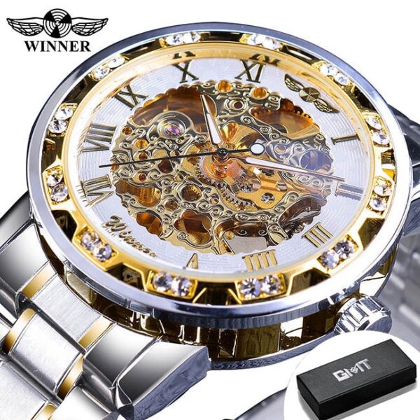 Winner Transparent Fashion Diamond Luminous Gear Movement Royal Design Men Top Brand Luxury Male Mechanical Skeleton Wrist Watch - Image 2