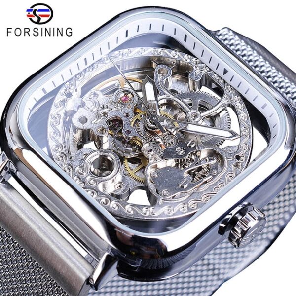 New Men Forsining Golden Automatic Watch Square Skeleton Mesh Steel Band Mechanical Business Clock Relogio Masculino Erkek Kol Saati - Image 4