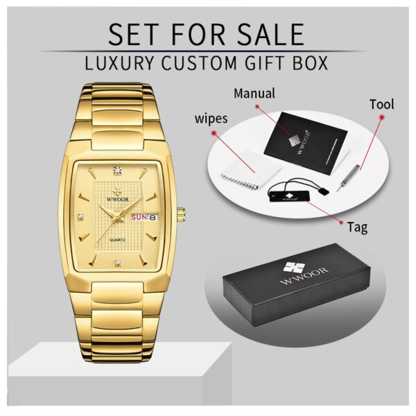 New Square Watch Men with Automatic Week Date Luxury Stainless Steel Gold Mens Quartz Wrist Watches Relogio Masculino - Image 5