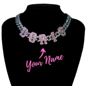 Custom Letters Nameplate Choker Chain Custom Name Necklace With Pink Stones Custom Nameplate Accessories Birthday Gift