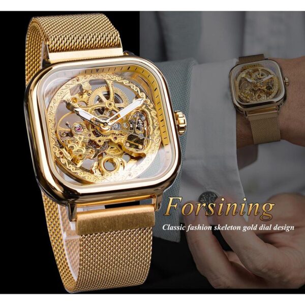 New Men Forsining Golden Automatic Watch Square Skeleton Mesh Steel Band Mechanical Business Clock Relogio Masculino Erkek Kol Saati - Image 3