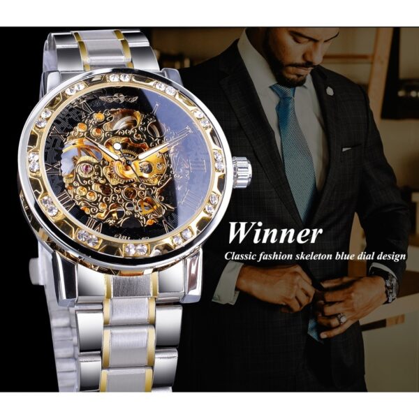 New Men Mechanical Skeleton Wrist Watch Winner Transparent Fashion Diamond Luminous Gear Movement Royal Design Men Top Brand Luxury Male - Image 2