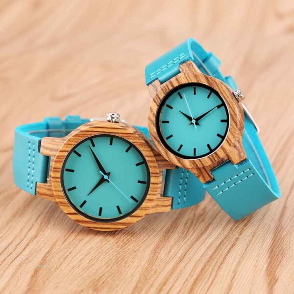 Top Luxury Royal Blue Wood Watch Quartz Wristwatch Natural Bamboo Clock Fashion Leather Valentine Day - Image 6