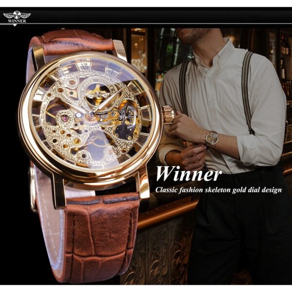 Winner Transparent Golden Case Luxury Casual Design Brown Leather Strap Mens Watches Top Brand Luxury Mechanical Skeleton Watch - Image 7