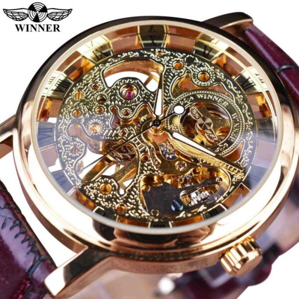 Winner Transparent Golden Case Luxury Casual Design Brown Leather Strap Mens Watches Top Brand Luxury Mechanical Skeleton Watch - Image 14