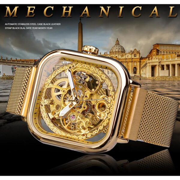 New Men Forsining Golden Automatic Watch Square Skeleton Mesh Steel Band Mechanical Business Clock Relogio Masculino Erkek Kol Saati - Image 10