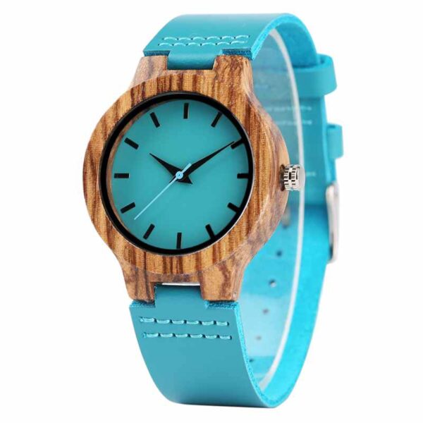 Top Luxury Royal Blue Wood Watch Quartz Wristwatch Natural Bamboo Clock Fashion Leather Valentine Day - Image 3