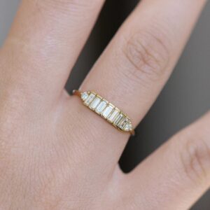 10K Yellow Gold 7pcs Emerald Moissanite  Engagement Baguette Ring Band Total 0.9ctw lab Diamond Solitaire Wedding for Women