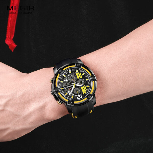 Men Sports Quartz Watch Yellow Chronograph with Black Silicone Strap Luminous Hands Waterproof 3 ATM Code 2097 - Image 10