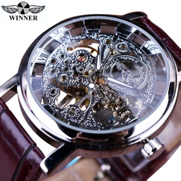 New Men Winner Transparent Golden Watch Luxury Casual Design Brown Leather Strap Mens Watches Top Brand Luxury Mechanical Skeleton Watch - Image 10