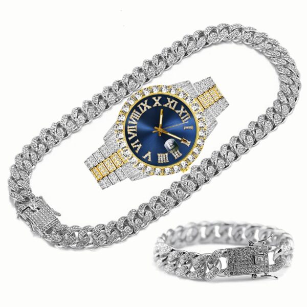 Full Iced Out Watch Mens Cuban Link Chain Bracelet Necklace Choker Bling Jewelry for Men Big Gold Chains Hip Hop Men Watch Set - Image 2