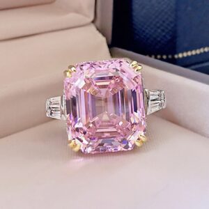 Sparkling 925 Sterling Silver 13*15mm Simulated Topaz Pink Quartz High Carbon Diamond Wedding Party Big Gemstone Ring for Women