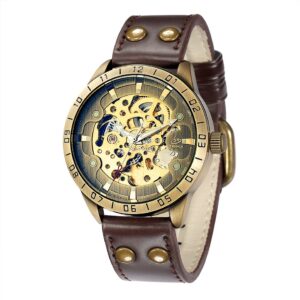 New Men Retro Automatic Mechanical Watch Skeleton Steampunk Genuine Leather Band Mens Self Winding Wrist Watches Men