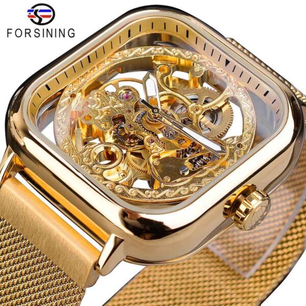 New Men Forsining Golden Automatic Watch Square Skeleton Mesh Steel Band Mechanical Business Clock Relogio Masculino Erkek Kol Saati - Image 6