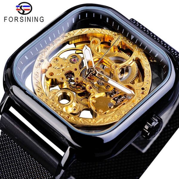 New Men Forsining Golden Automatic Watch Square Skeleton Mesh Steel Band Mechanical Business Clock Relogio Masculino Erkek Kol Saati - Image 5