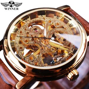 New Men Winner Transparent Golden Watch Luxury Casual Design Brown Leather Strap Mens Watches Top Brand Luxury Mechanical Skeleton Watch