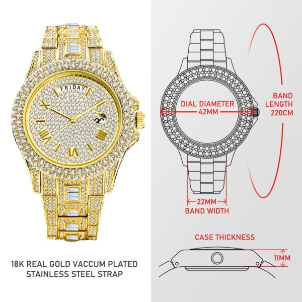 New Iced Out Watch For Men Luxury Gold Full Diamond Mens Watches Hip Hop Waterproof Day Date Clock - Image 4