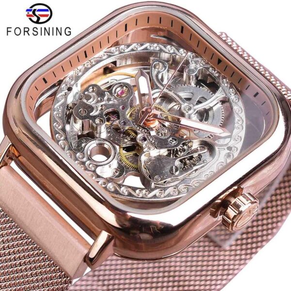 New Men Forsining Golden Automatic Watch Square Skeleton Mesh Steel Band Mechanical Business Clock Relogio Masculino Erkek Kol Saati - Image 9