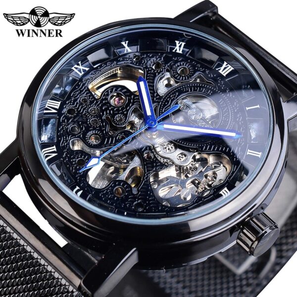 Winner Transparent Golden Case Luxury Casual Design Brown Leather Strap Mens Watches Top Brand Luxury Mechanical Skeleton Watch - Image 2